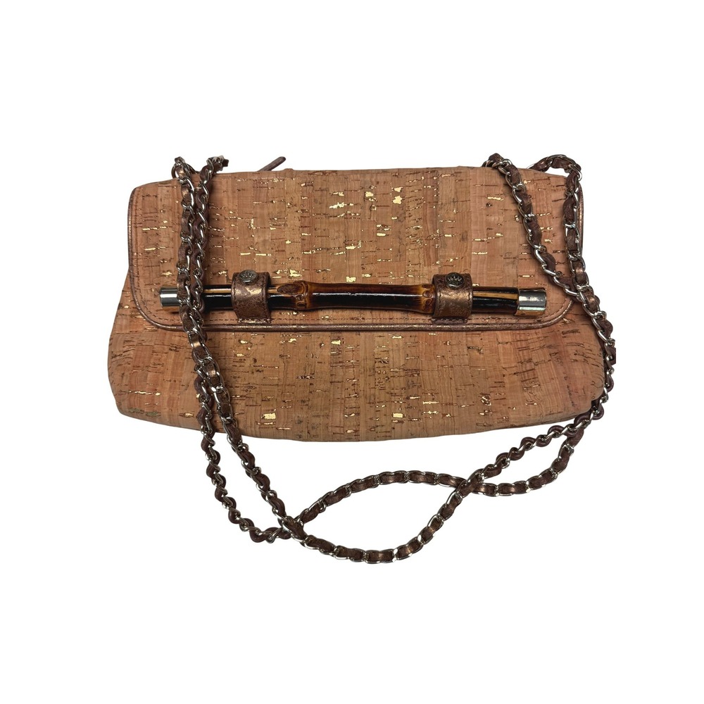 Elaine Turner Cork Bamboo Clutch Gold Metallic Shoulder Bag Bronze Tan Pink Logo